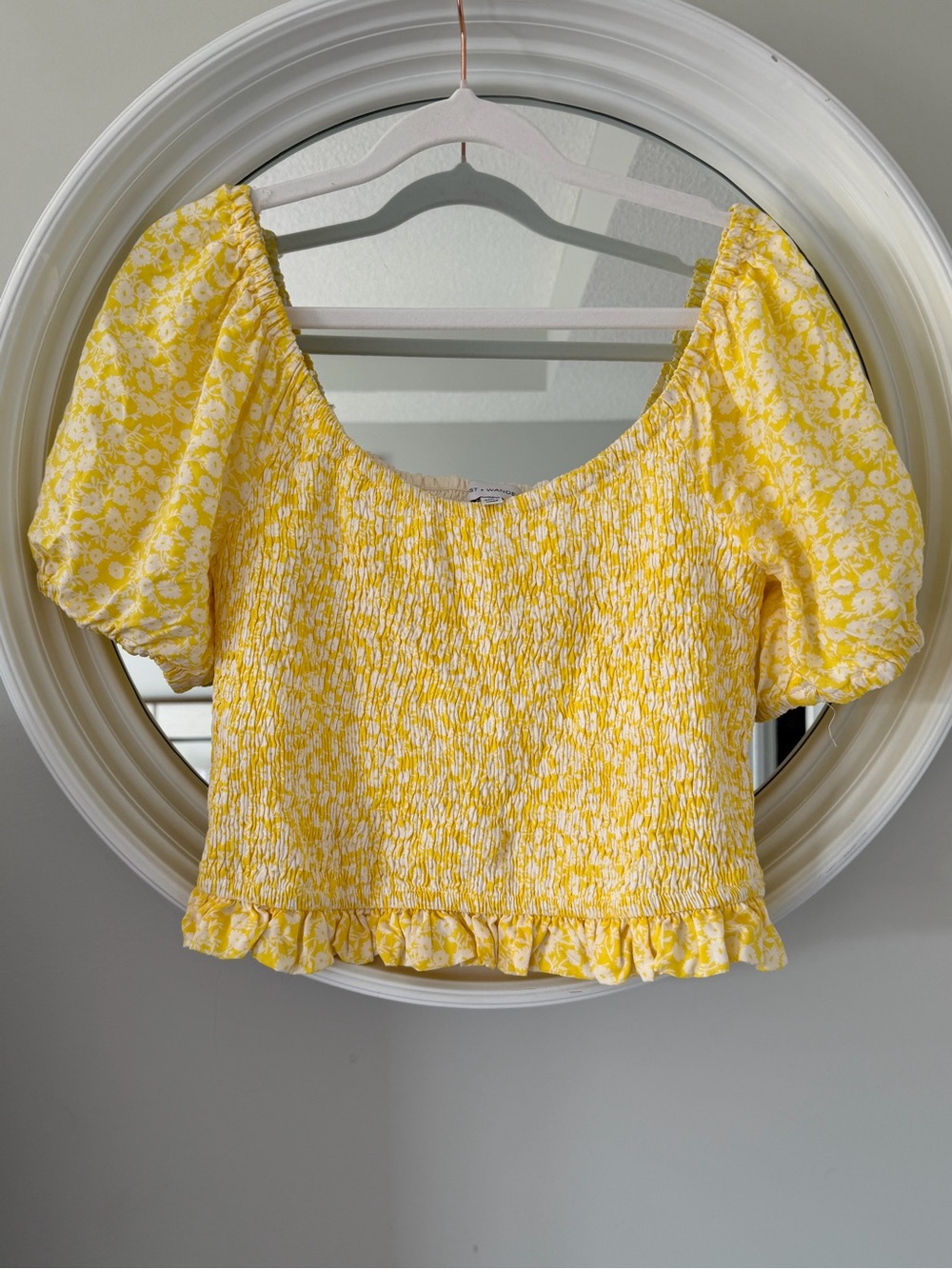 Lost + Wander Yellow Floral Smocked Puff Sleeve Crop Top